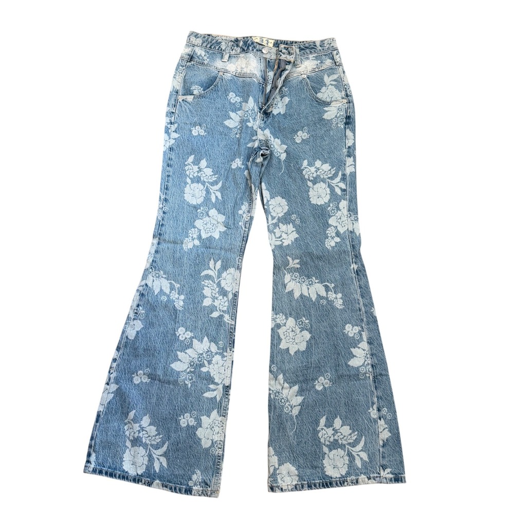 Free People We The Free Naomi Floral Flare Jeans NWT 31 Sky Blue Print New